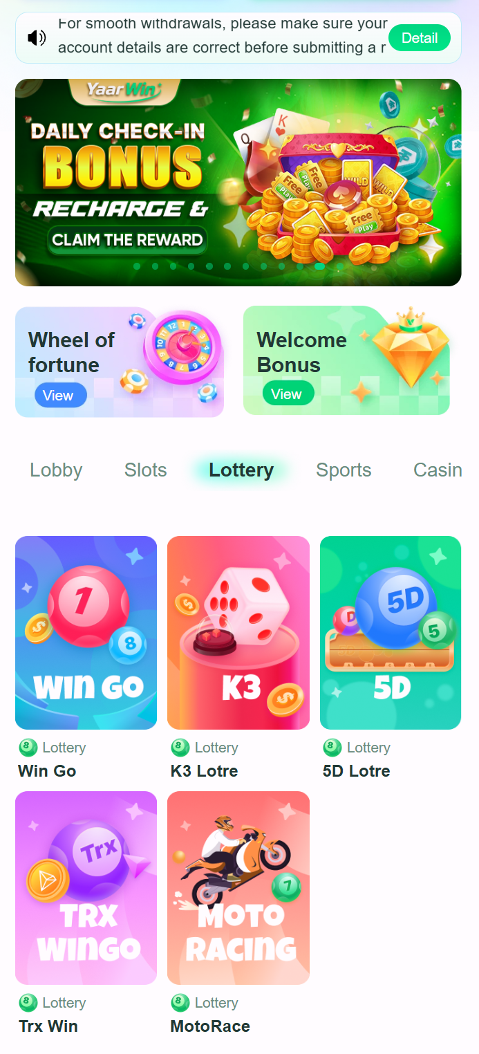 YaarWin lottery games — Win Go, K3, 5D Lotre