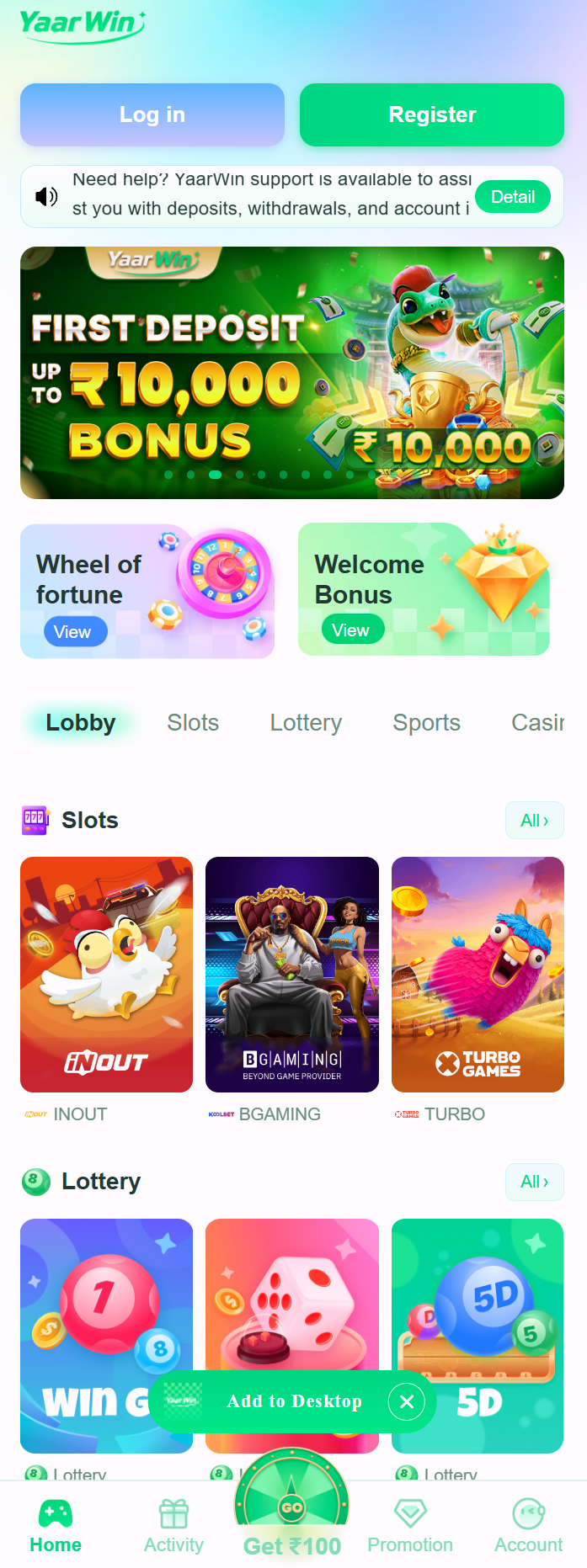 YaarWin app home screen showing games and bonuses